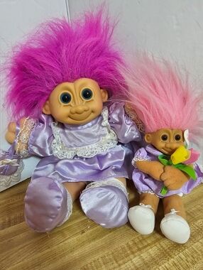 Vintage 90s Russ Berrie Troll Kidz Doll Set 12" Purple 6" Pink Hair Plush Body
